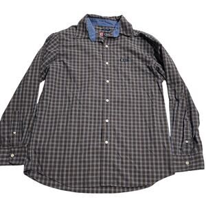 Chaps Easy Care Button Down Casual Plaid Shirt Mens Size Medium Brown Blue 80052